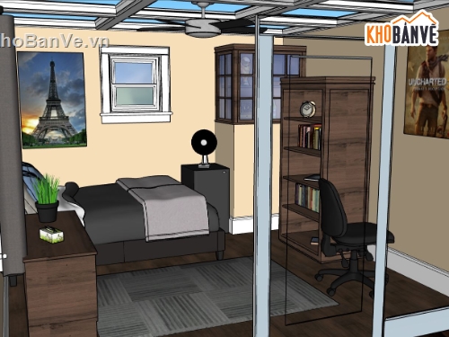 phòng ngủ sketchup,File phòng ngủ dựng sketchup,phối cảnh nội thất phòng ngủ,bản vẽ 3d phòng ngủ