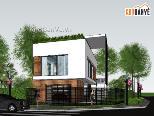 biệt thự 2 tầng,sketchup biệt thự 2 tầng,ngoại cảnh biệt thự 2 tầng