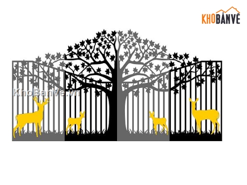 cổng cắt cnc,cổng cây và con hươu,mẫu cổng 2 cánh cắt cnc,thiết kế cổng cnc đẹp