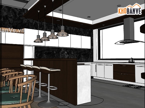 sketchup phòng khách,sketchup nội thất phòng khách bếp,phối cảnh khách bếp sketchup