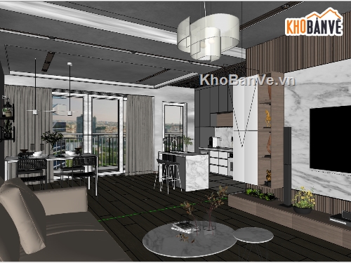 sketchup nội thất khách bếp,file phòng khách sketchup,sketchup nội thất phòng bếp,sketchup nội thất chung cư