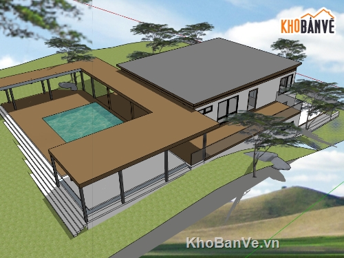 thiết kế homestay file sketchup,dựng 3d su homestay hiện đại,homestay 2 tầng file sketchup
