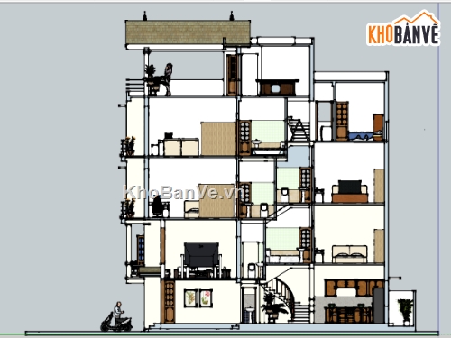 nhà 5 tầng,su nhà 5 tầng,sketchup nhà lệch tầng