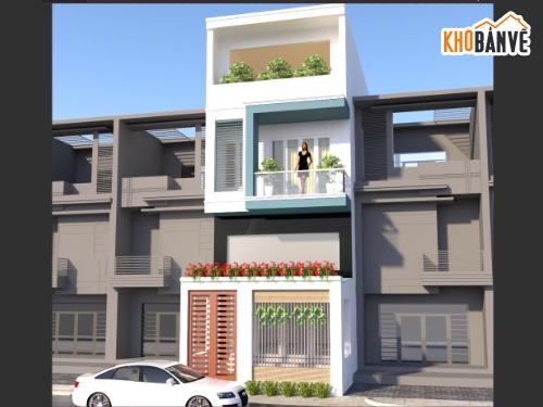 File sketchup nhà phố 3 tầng có gác lửng,Model sketchup nhà phố 3 tầng,Phối cảnh nhà phố 3 tầng