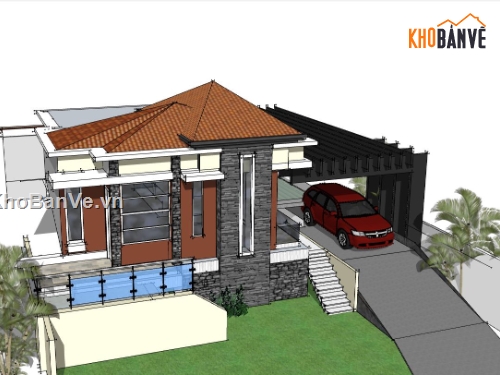 villa đẹp,villa su,villa 1 tầng file sketchup,mẫu sketchup villa đẹp