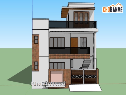 nhà phố 2 tầng 1 tum,phối cảnh nhà phố,sketchup nhà phố 2 tầng,model nhà phố 2 tầng 1 tum