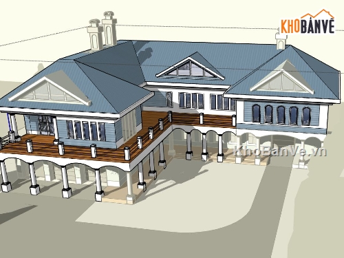 sketchup biệt thự 2 tầng,biệt thự chữ L,phối cảnh biệt thự 2 tầng,bản vẽ biệt thự chữ L