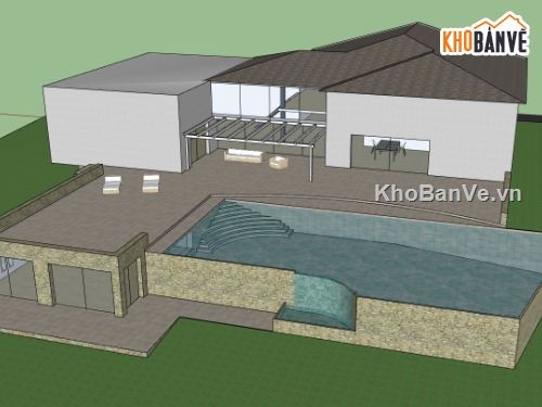 sketchup biệt thự 1 tầng,biệt thự nghỉ dưỡng,Model sketchup biệt thự,sketchup biệt thự