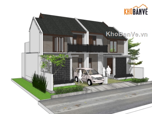 biệt thự 2 tầng dựng file su,biệt thự song lập dựng sketchup,file sketchup bao cảnh biệt thự,Model sketchup dựng biệt thự