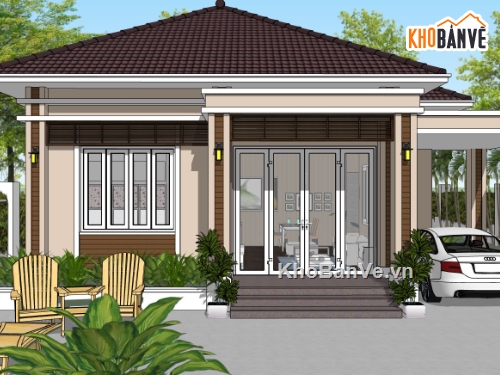 biệt thự  đẹp,biệt thự 1 tầng,biệt thự vườn 1 tầng,sketchup biệt thự