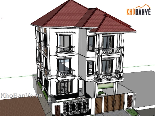 Biệt thự 4 tầng dựng sketchup,file sketchup biệt thự 4 tầng,model su biệt thự 4 tầng