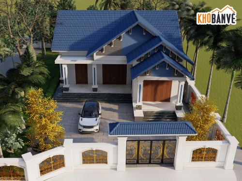 biệt thự 1 tầng,bản vẽ biệt thự 1 tầng,biệt thự mái thái,file cad biệt thự 1 tầng