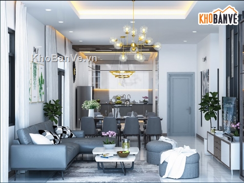 nội thất khách bếp sketchup,nội thất phòng khách,phòng bếp hiện đại,model sketchup khách bếp