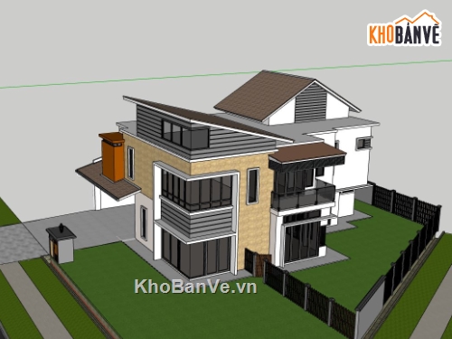 biệt thự 2 tầng,biệt thự sketchup,phối cảnh biệt thự