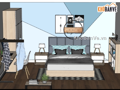 nội thất phòng ngủ 3d su,thiết kế phòng ngủ sketchup,file sketchup phòng ngủ hiện đại