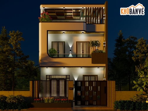 Sketchup,2 tầng 1 tum,nhà hiện đại,Bản vẽ,nhà phố