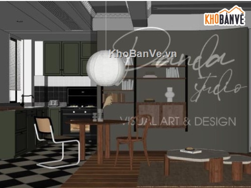 phòng khách hiện đại,sketchup phòng khách,phòng khách 3d,nội thất phòng khách bếp