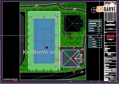 Bản vẽ thi công sân tennis,Bản vẽ nhà phục vụ,nhà phục vụ BTCT,Sân tennis 10.97x23.77m,nhà phục vụ dạng chòi