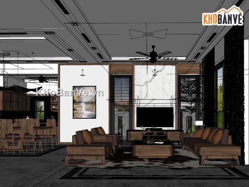 Nội thất phòng khách bếp,sketchup phòng khách hiện đại,phòng bếp dựng trên sketchup,file su dựng nội thất phòng khách bếp