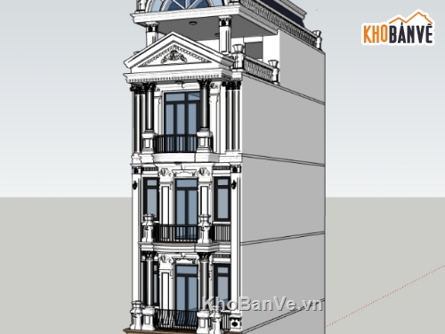 nhà phố mặt tiền 5m,kiến trúc kiểu pháp,phối cảnh nhà phố,model sketchup nhà phố 3 tầng,model sketchup nhà hiện đại