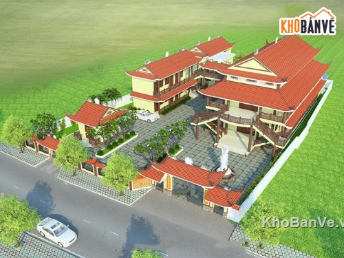 sketchup phong cảnh chùa,sketchup ngoại thất chùa,kiến trúc chùa sketchup