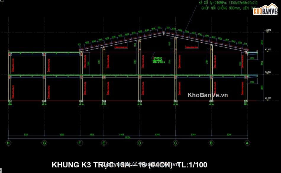 Bản thiết kế kết cấu thép tòa nhà cho thuê kích thước 24.5x75m