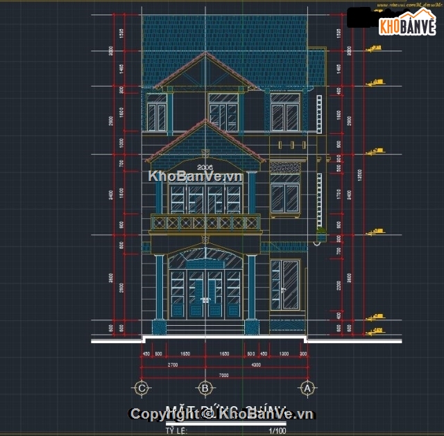 kiến trúc biệt thự,Bản vẽ kiến trúc biệt thự,nhà biệt thự,biệt thự 3 tầng 7x15.1m,bản vẽ biệt thự 3 tầng,thiết kế biệt thự 3 tầng