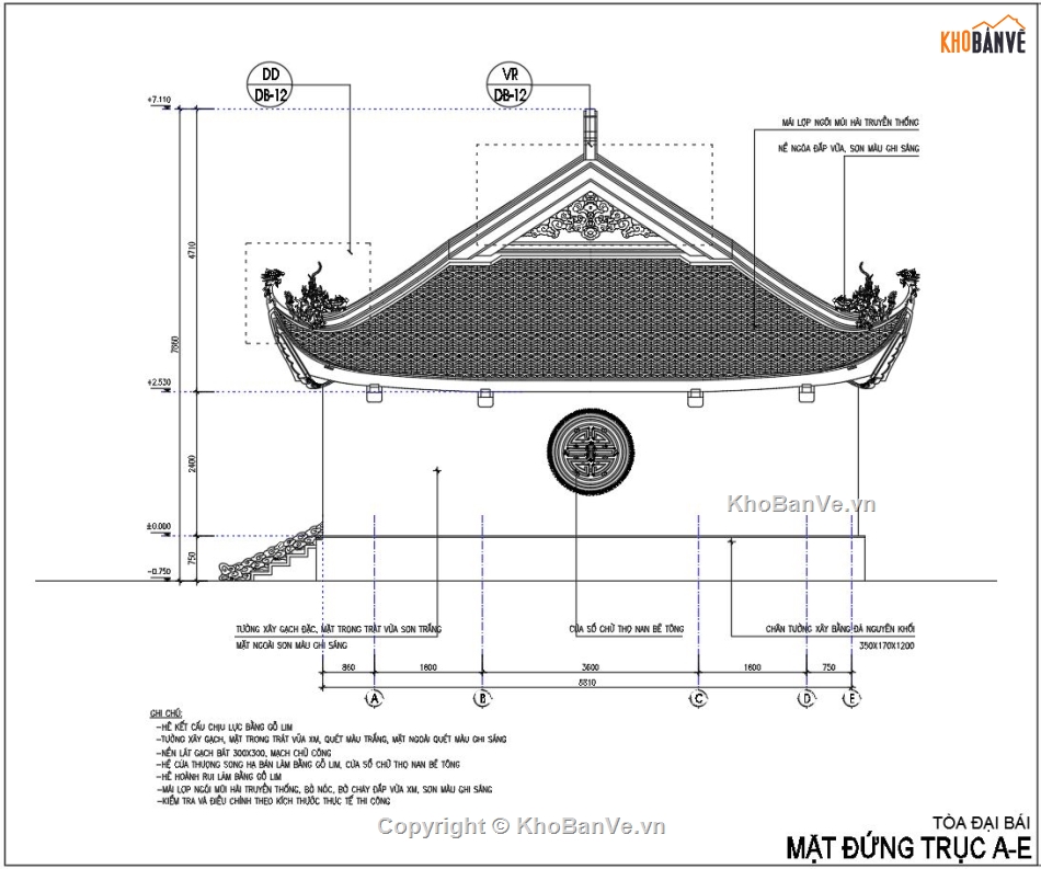File cad đền chùa,bản vẽ cad đình làng cổ,nhà đại bái 8.2x20.3m,thiết kế đền chùa đại bái
