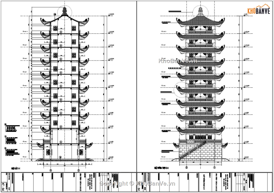 Bản vẽ thiết kế chùa,Thiết kế bảo tháp cam lộ,Tháp chùa 10 tầng,bản vẽ bảo tháp 10 tầng,bảo tháp 10 tầng 8.9x8.9m