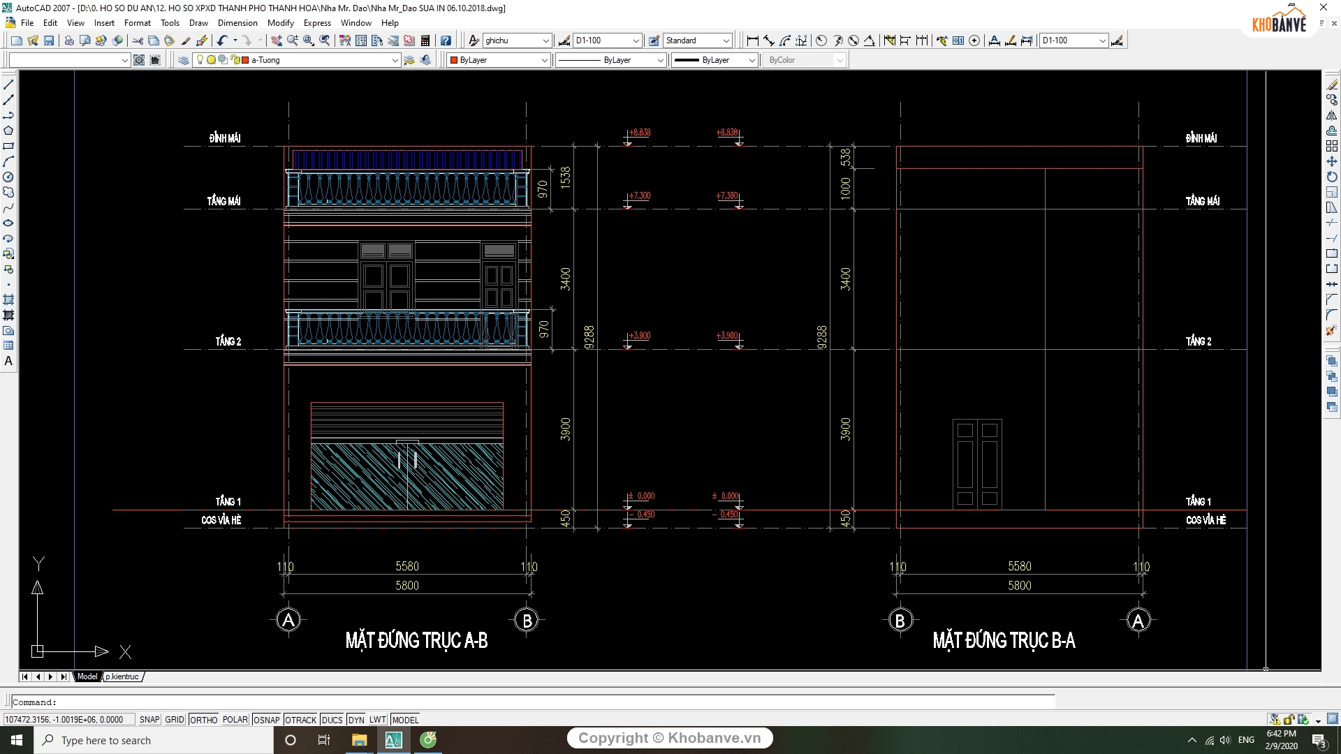 File cad nhà 2 tầng,cấp phép nhà dân,nhà dân dụng 2 tầng,bản vẽ nhà 2 tầng,nhà 2 tầng 5.8x9.39m,bản vẽ nhà phố 2 tầng