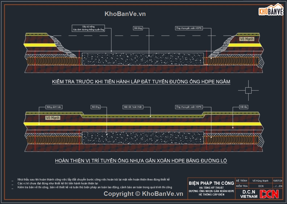 Biện pháp thi công đường ống nước HDPE,Biện pháp thi công điện chiếu sáng đèn đường,Biện pháp thi công trạm biến áp ngồi,Biện pháp thi công lắp đặt kim thu sét,Bản vẽ tủ điện thi công