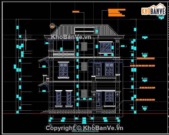 Bản vẽ biệt thự 3 tầng kích thước 9.3x9.9m ( kiến trúc)