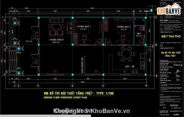 biệt thự 1 tầng,biệt thự cấp 4 8x18m,bản vẽ biệt thự 1 tầng,cad biệt thự cấp 4