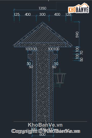 Bản vẽ CAD cổng trụ bê tông + mái ngói + tường rào gỗ