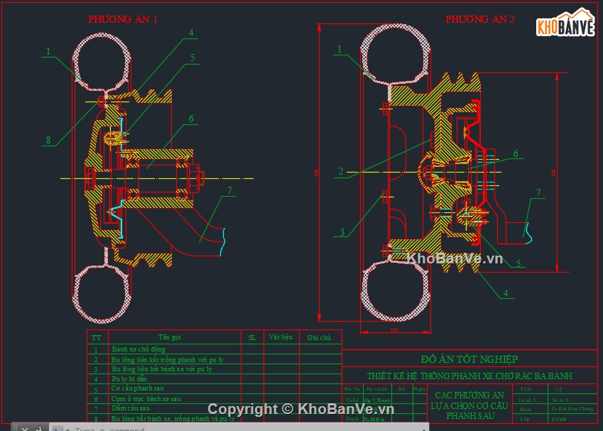 Bản vẽ cad,hệ thống phanh xe chở rác,xe chở rác 3 bánh