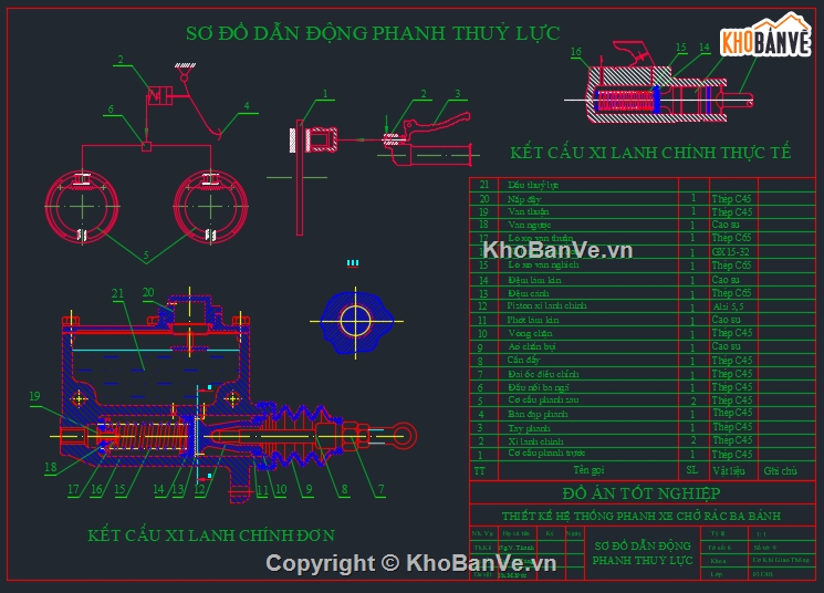 Bản vẽ cad,hệ thống phanh xe chở rác,xe chở rác 3 bánh