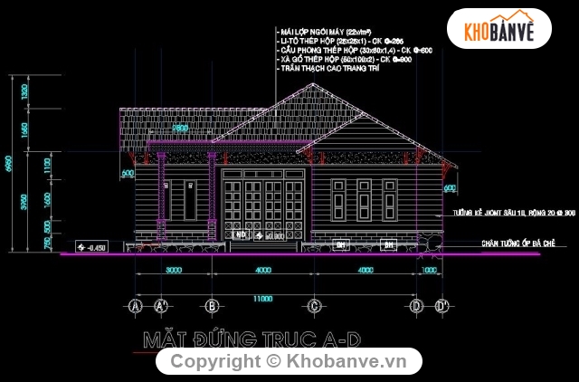 Bản vẽ kiến trúc nhà trệt 1 tầng (11x13m). Mái ngói+Cổng tường rào
