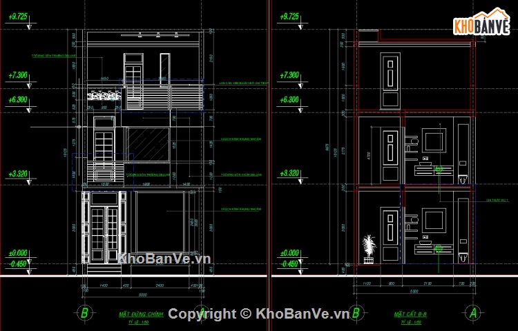 Bản vẽ CAD Nhà phố 3 tầng 5x15.2m kèm ảnh phối cảnh