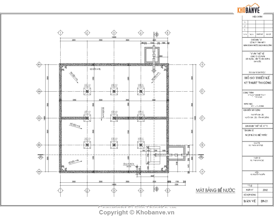 Bản vẽ chi tiết xây dựng bể chứa nước sạch 500m3 ( 14x14m)