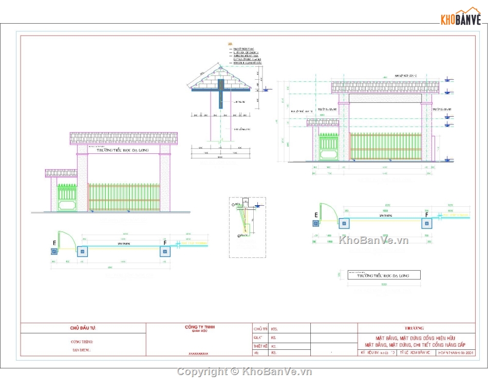 Bản vẽ cổng trường,Bản vẽ chi tiết cổng,file cad công trường,dự toán cổng trường,bản vẽ đầy đủ cổng  trường,trường học