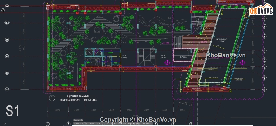 bản vẽ acad kết cấu kiến trúc hồ bơi,bể bơi vô cực trên mái nhà,bể bơi trên mái nhà,bể bơi vô cực