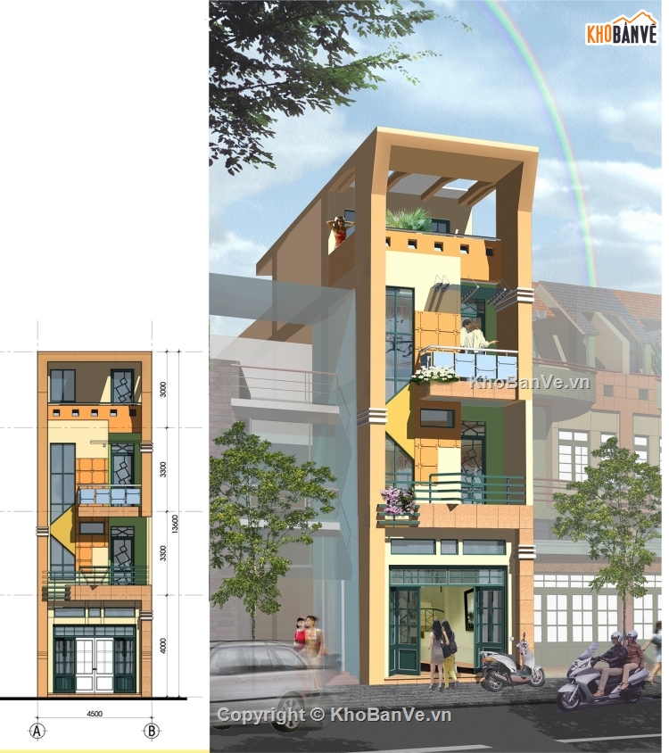 nhà phố 3 tầng 4.2x21m,bản vẽ nhà phố 3 tầng,mẫu nhà phố 3 tầng,kiến trúc nhà phố 3 tầng