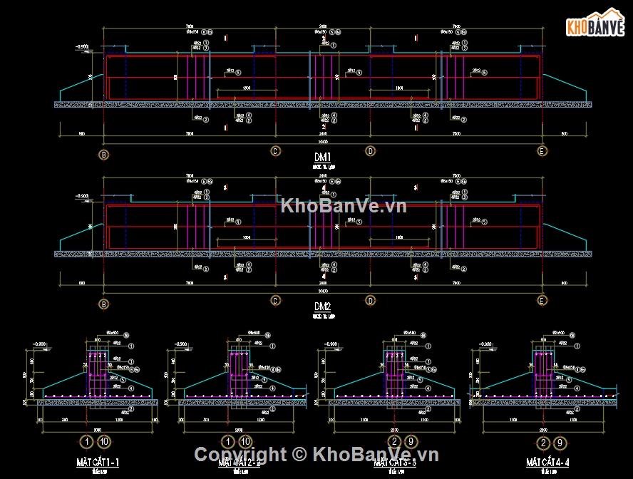 Kiến trúc + Kết cấu,Bản vẽ full,móng bè 2 phương
