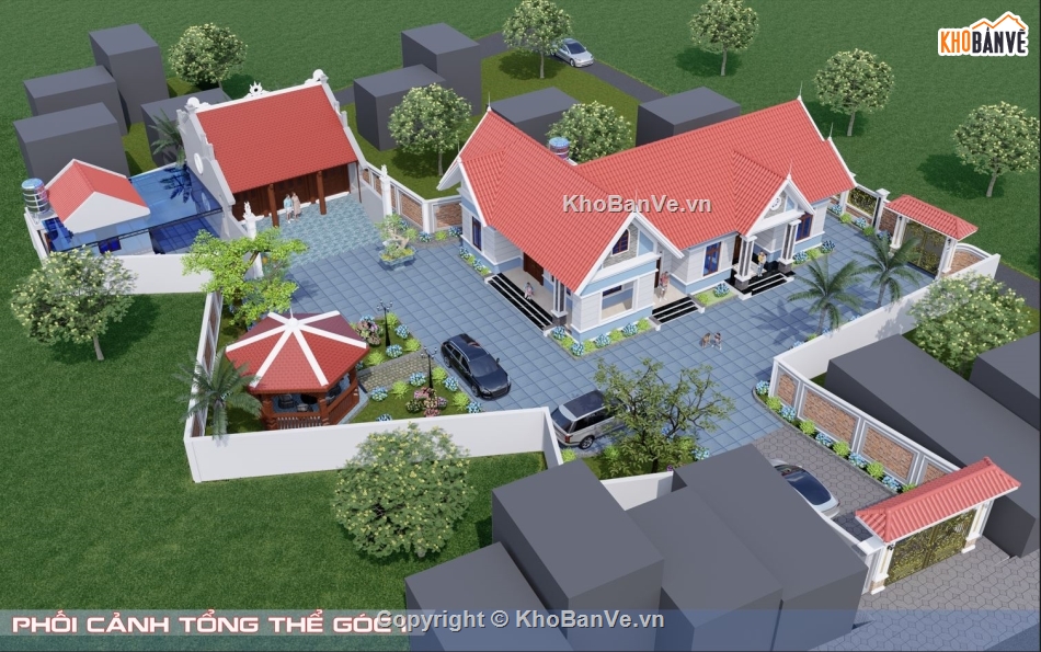 nhà vườn 1 tầng chữ L,Nhà vườn + nhà thờ 3 gian,Phối cảnh nhà vườn,Nhà 1 tầng chữ L mái Thái