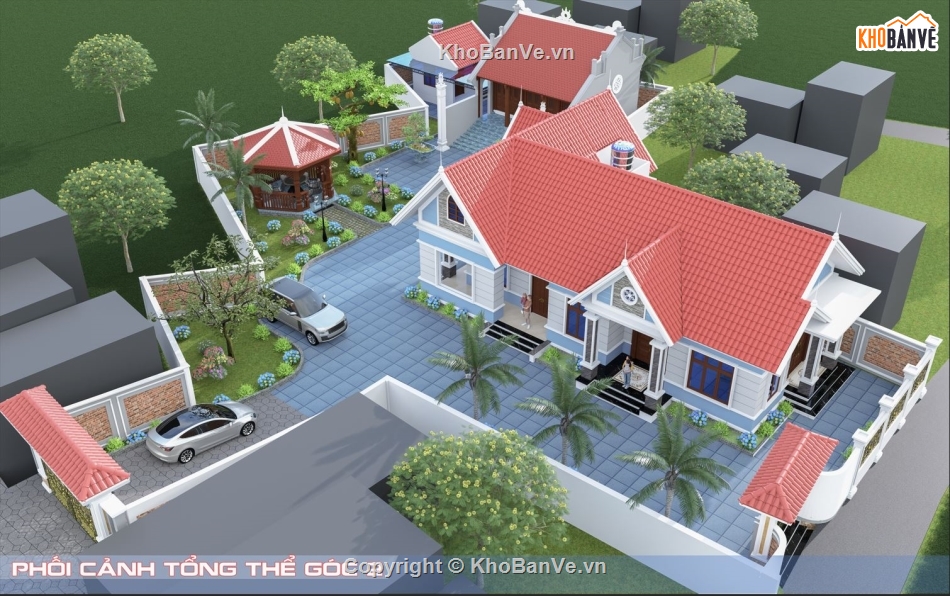 nhà vườn 1 tầng chữ L,Nhà vườn + nhà thờ 3 gian,Phối cảnh nhà vườn,Nhà 1 tầng chữ L mái Thái