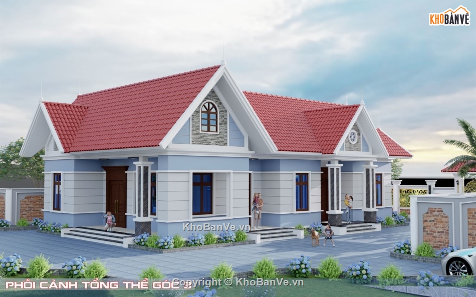 nhà vườn 1 tầng chữ L,Nhà vườn + nhà thờ 3 gian,Phối cảnh nhà vườn,Nhà 1 tầng chữ L mái Thái