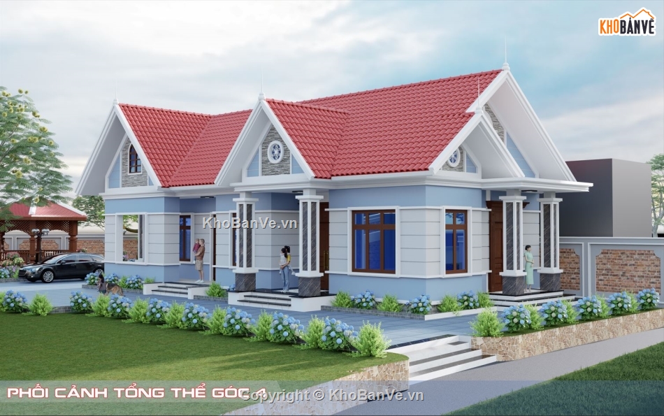 nhà vườn 1 tầng chữ L,Nhà vườn + nhà thờ 3 gian,Phối cảnh nhà vườn,Nhà 1 tầng chữ L mái Thái