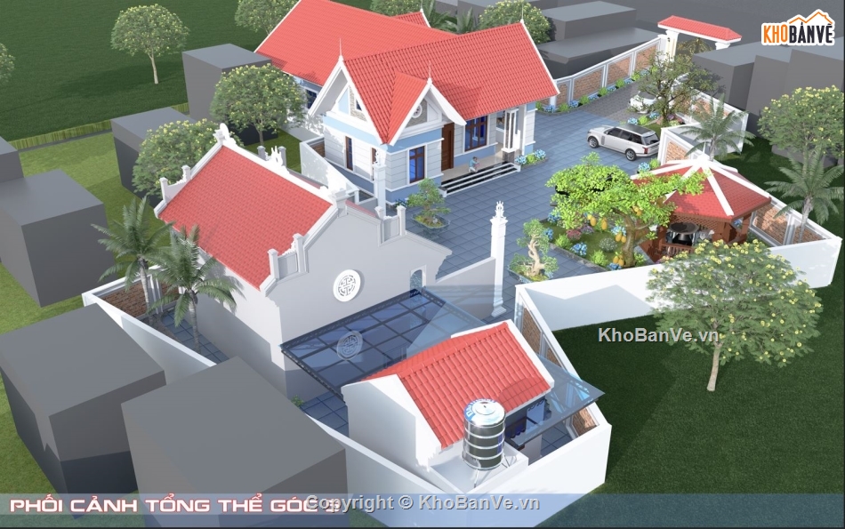 nhà vườn 1 tầng chữ L,Nhà vườn + nhà thờ 3 gian,Phối cảnh nhà vườn,Nhà 1 tầng chữ L mái Thái