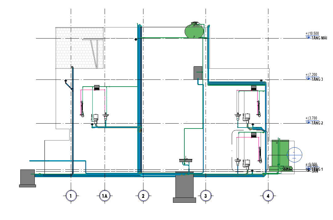 Bản vẽ thiết kế cấp thoát nước,revit mep 2021,nhà phố 3 tầng file revit