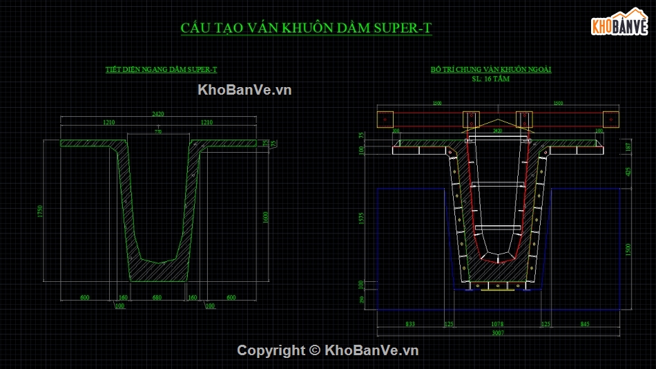 Bản vẽ,Bản vẽ dầm super T,bản vẽ ván khuôn dầm